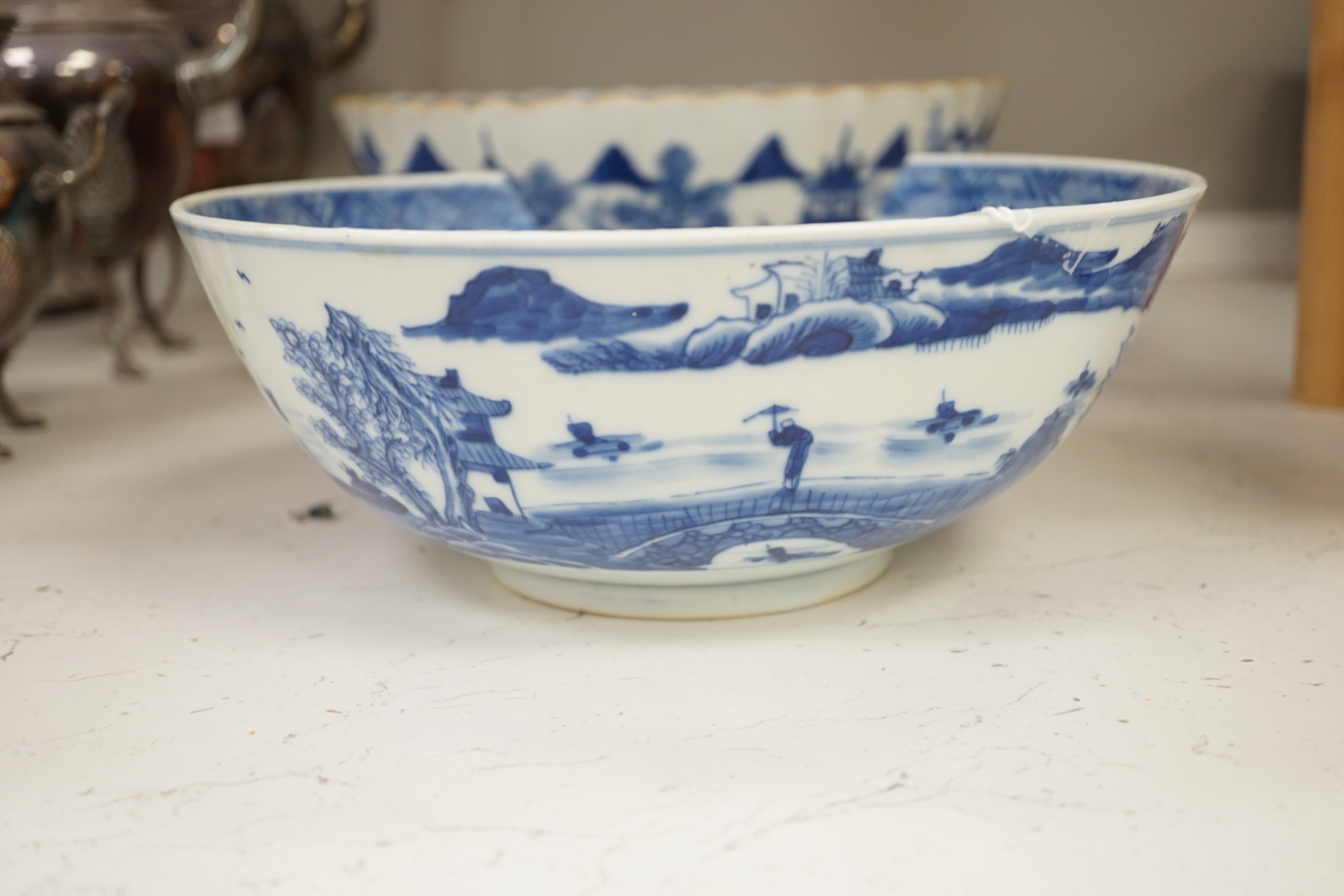 Two 19th century Chinese blue and white bowls (a.f)